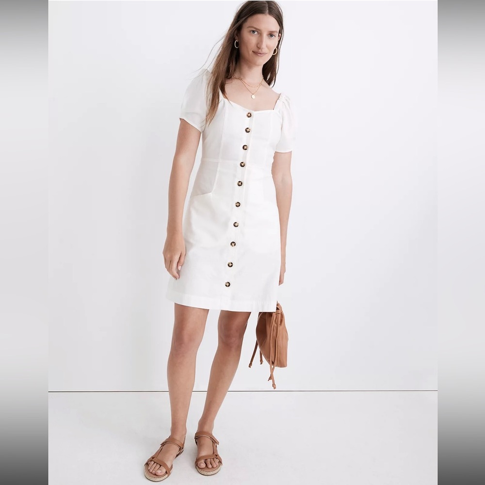 NWT Madewell White Linen-Cotton Puff-Sleeve Mini Dress Peasant Bohemian